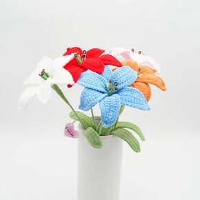 Handmade Crochet Flowers, Crochet Lily Flowers with Leave and Long Stem, Assorted Colors (Red Orange Pink Blue White, 5 Pieces)
