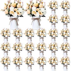 Domensi 24 Sets Dining Table Centerpiece Artificial Flowers with Vase 48 Pcs Fake Bouquets 24 Pcs Metal Vases Floral Arrangements for Wedding Birthday Office Home Communion Table Decor (Red)
