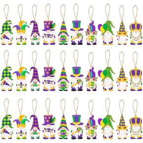 Haooryx 30Pcs Mardi Gras Wooden Gnome Ornaments Hanging Decoration Gift Tags, Mardi Gras Carnival Themed Pendant Wood Hanger Tag with Rope, Elf Gnome Wood Ornament for Mardi Gras Gift Decor Supplies