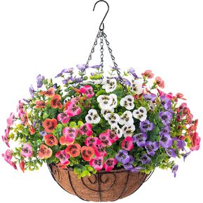 Artificial Pansies Faux Hanging Flowers Plants Basket for Outdoor Outside Decoration, 12 pcs Silk Pansy UV Resistant Realistic Colorful Fake Flower for Home Porch Yard Patio Balcony Garden Arch Party
