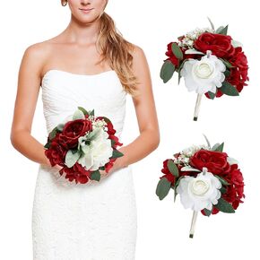7 Inch Bridesmaid Bouquets Set of 2, Artificial Flower Wedding Bouquets for Bridesmaids Realistic Small Rose Bouquet for Vintage Rustic Country Boho Wedding Decorations - Dusty Blue & White