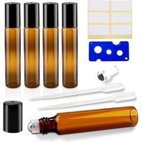 Roller Ball Container,5pcs 10ml Roller Balls for Essential Oils,Amber Glass Empty Bottles With 1 Extra Stainless Roller Balls,1 Opener,1 Droppers.