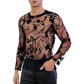 WDIRARA Men's Floral Print Mesh Long Sleeve T Shirt Round Neck See Through Party Top