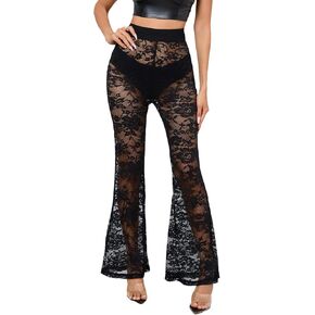WDIRARA Women's Floral Lace Flare Leg Elastic High Waist Sheer Mesh Party Club Pants in Kuwait
