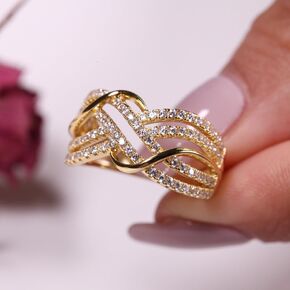 Ganquya Infinity Knot Cubic Zirconia Wedding Ring for Women, Criss Cross Wide Band Ring 18 Yellow Gold Plated Promise Ring for Her Eternity Bands Jewelry Set（8）
