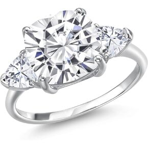 Gem Stone King 10K White Gold White Moissanite 3-Stone Engagement Ring | 5.94 Cttw | Cushion 10MM | Trillion 5MM | Three Stone Wedding Engagement Anniversary Promise Ring For Women