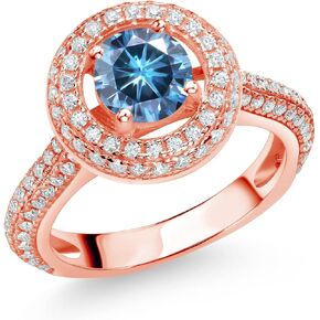 Gem Stone King 18K Rose Gold Plated Silver 6MM Round Gemstone Birthstone and White Moissanite Halo Engagement Ring | Wedding Anniversary Promise Ring For Women | Available In Size 5, 6, 7, 8, 9