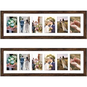 Chunful 2 Pcs 28.4 x 9.5 Inch Collage Picture Frames for Wall Hanging Long Multiple 4 x 6 Inch Brown Wood Picture Frame Display 6 Opening Multi Photo Frame with Acrylic Screens Horizontal and Vertical
