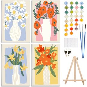 4 Pack Paint by Number Kit for Adults Framed Canvas, DIY Adult Paint by Number Kits with Easel, Acrylic Easy Paint by Numbers for Beginners, Flower Arts and Crafts for Home Decor 8x12inch