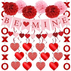 Upgraded Valentines Day Decorations Set Pre-Assembled Hanging Heart Swirls,BE Mine Banner,Heart XO Garlands Banner for Valentines Wedding Engagement Anniversary Party