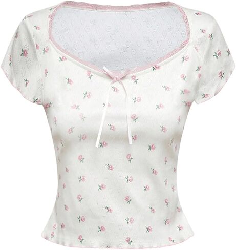 SOLY HUX Women's Summer Short Sleeve Y2k Tees Ditsy Floral Lace Bowknot Tshirts Kawaii Crop Tops in Kuwait