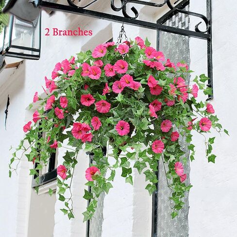 Calcifer 1 Branch(12 Stems/23 Flowers) Artificial Morning Glory Trumpet Flower Vine Plastic Flower Bouquet Hanging Wall Strings Flowers for Home Garden Wedding Party Decoration (Purple) in Kuwait