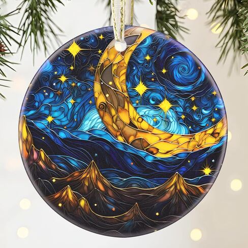 Christmas Ornament, 3.5 Inch Ceramic Christmas Hanging Ornament, Christmas Tree Decorations, Christmas Tree Ornaments, Gifts for Christmas, Holiday Presents, Gift Exchange - Retro Moon Star in Saudi Arabia