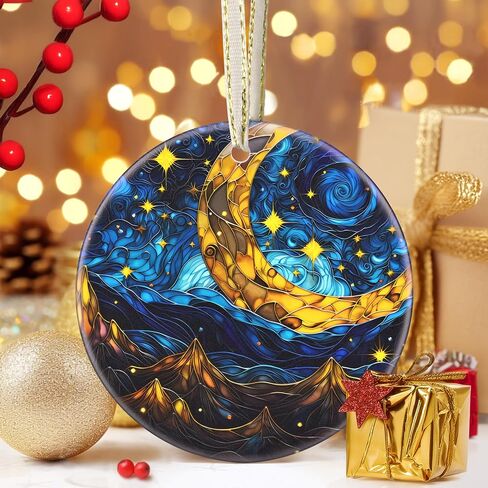 Christmas Ornament, 3.5 Inch Ceramic Christmas Hanging Ornament, Christmas Tree Decorations, Christmas Tree Ornaments, Gifts for Christmas, Holiday Presents, Gift Exchange - Retro Moon Star in Saudi Arabia