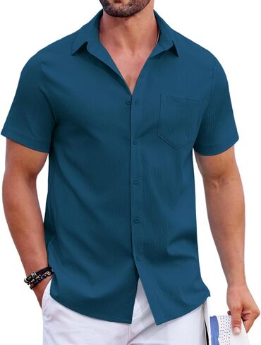 COOFANDY Mens Button Down Shirt Short Sleeve Causal Beach Shirts Summer Shirts with Pocket in Saudi Arabia