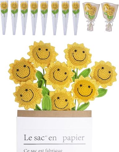 Handmade Crochet Flowers,8PCS Crochet Sunflower with 8PCS Single Rose Packaging Bag and 2PCS Bouquet Sleeves,Crocheted Flowers Gifts for Teacher Student Secretaries Staff Coworker in Saudi Arabia