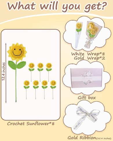 Handmade Crochet Flowers,8PCS Crochet Sunflower with 8PCS Single Rose Packaging Bag and 2PCS Bouquet Sleeves,Crocheted Flowers Gifts for Teacher Student Secretaries Staff Coworker in Saudi Arabia
