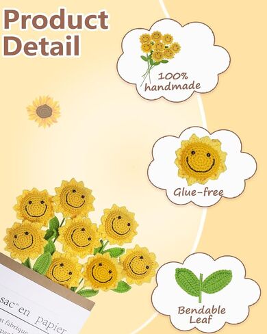 Handmade Crochet Flowers,8PCS Crochet Sunflower with 8PCS Single Rose Packaging Bag and 2PCS Bouquet Sleeves,Crocheted Flowers Gifts for Teacher Student Secretaries Staff Coworker in Saudi Arabia