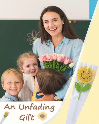 Handmade Crochet Flowers,8PCS Crochet Sunflower with 8PCS Single Rose Packaging Bag and 2PCS Bouquet Sleeves,Crocheted Flowers Gifts for Teacher Student Secretaries Staff Coworker in Saudi Arabia