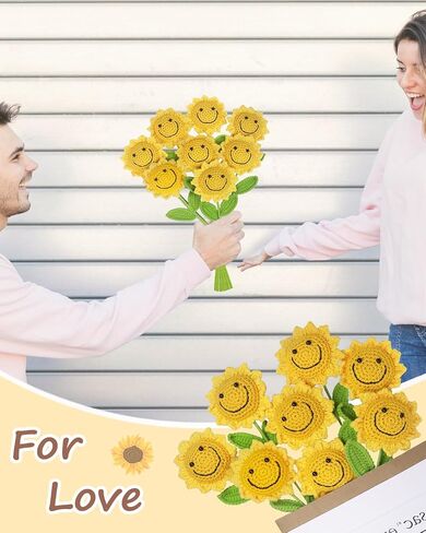 Handmade Crochet Flowers,8PCS Crochet Sunflower with 8PCS Single Rose Packaging Bag and 2PCS Bouquet Sleeves,Crocheted Flowers Gifts for Teacher Student Secretaries Staff Coworker in Saudi Arabia