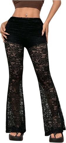 WDIRARA Women's Floral Lace Flare Leg Elastic High Waist Sheer Mesh Party Club Pants in Saudi Arabia