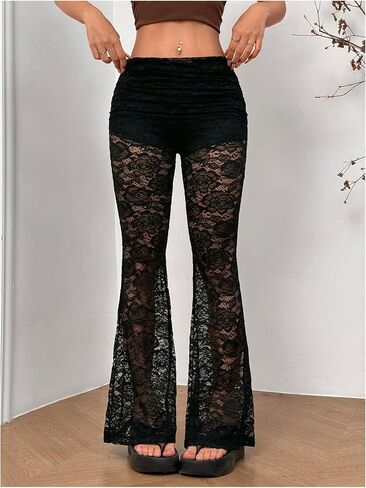 WDIRARA Women's Floral Lace Flare Leg Elastic High Waist Sheer Mesh Party Club Pants in Saudi Arabia