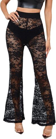 سروال WDIRARA نسائي من الدانتيل المزين بالزهور وأرجل واسعة مرنة عالية الخصر شبكي شفاف للحفلات والنوادي in Kuwait