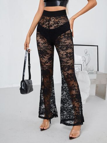 سروال WDIRARA نسائي من الدانتيل المزين بالزهور وأرجل واسعة مرنة عالية الخصر شبكي شفاف للحفلات والنوادي in Kuwait