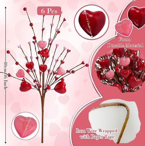 6 Pcs Valentine's Day Heart Berries,Valentines Day Picks,16 Inch Valentines Flowers Artificial,Red and Pink Valentines Day Flowers for Valentines Decorations,Dinner,Wedding,Party Decor,Home Decoration in Kuwait
