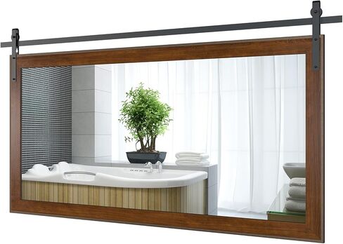 lovmor 77 × 42 بوصة مرآة مزرعة للحمام إطار خشبي ديكور مستطيل باب الحظيرة مرآة ديكور المنزل مرآة الحائط ريفي لغرفة النوم غرفة المعيشة مدخل in Kuwait