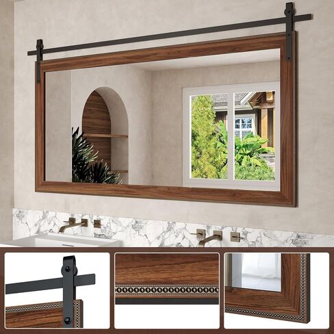 lovmor 77 × 42 بوصة مرآة مزرعة للحمام إطار خشبي ديكور مستطيل باب الحظيرة مرآة ديكور المنزل مرآة الحائط ريفي لغرفة النوم غرفة المعيشة مدخل in Kuwait