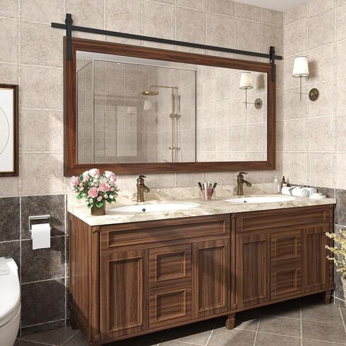 lovmor 77 × 42 بوصة مرآة مزرعة للحمام إطار خشبي ديكور مستطيل باب الحظيرة مرآة ديكور المنزل مرآة الحائط ريفي لغرفة النوم غرفة المعيشة مدخل in Kuwait