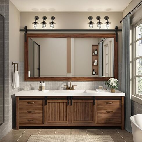 lovmor 77 × 42 بوصة مرآة مزرعة للحمام إطار خشبي ديكور مستطيل باب الحظيرة مرآة ديكور المنزل مرآة الحائط ريفي لغرفة النوم غرفة المعيشة مدخل in Kuwait