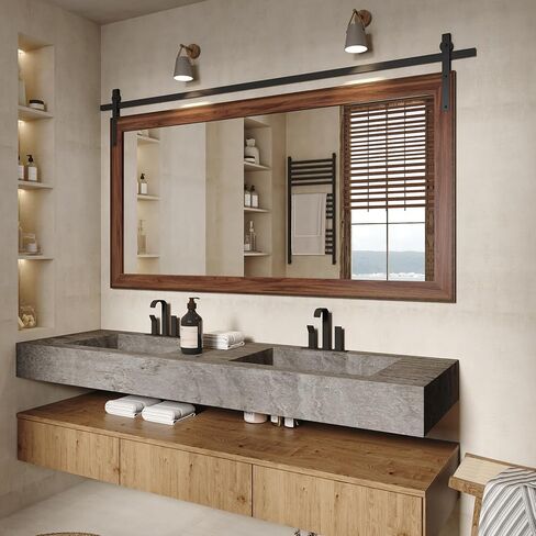 lovmor 77 × 42 بوصة مرآة مزرعة للحمام إطار خشبي ديكور مستطيل باب الحظيرة مرآة ديكور المنزل مرآة الحائط ريفي لغرفة النوم غرفة المعيشة مدخل in Kuwait