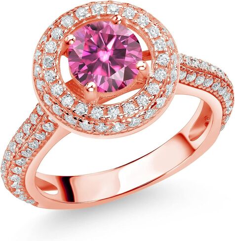 Gem Stone King 18K Rose Gold Plated Silver 6MM Round Gemstone Birthstone and White Moissanite Halo Engagement Ring | Wedding Anniversary Promise Ring For Women | Available In Size 5, 6, 7, 8, 9 in Saudi Arabia