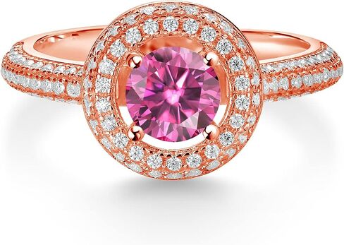 Gem Stone King 18K Rose Gold Plated Silver 6MM Round Gemstone Birthstone and White Moissanite Halo Engagement Ring | Wedding Anniversary Promise Ring For Women | Available In Size 5, 6, 7, 8, 9 in Saudi Arabia