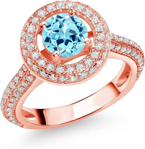 Gem Stone King 18K Rose Gold Plated Silver 6MM Round Gemstone Birthstone and White Moissanite Halo Engagement Ring | Wedding Anniversary Promise Ring For Women | Available In Size 5, 6, 7, 8, 9 in Saudi Arabia