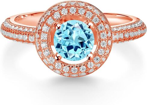 Gem Stone King 18K Rose Gold Plated Silver 6MM Round Gemstone Birthstone and White Moissanite Halo Engagement Ring | Wedding Anniversary Promise Ring For Women | Available In Size 5, 6, 7, 8, 9 in Saudi Arabia