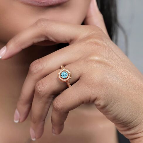 Gem Stone King 18K Rose Gold Plated Silver 6MM Round Gemstone Birthstone and White Moissanite Halo Engagement Ring | Wedding Anniversary Promise Ring For Women | Available In Size 5, 6, 7, 8, 9 in Saudi Arabia