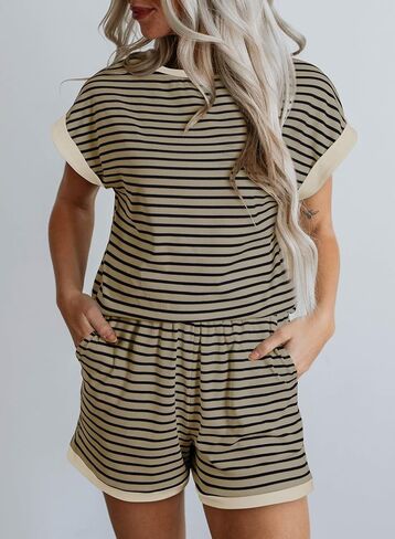SHEWIN Womens 2 Piece Outfits Sweatsuit Casual Loose Striped Short Sleeve Tops Shorts Lounge Sets with Pockets in Saudi Arabia