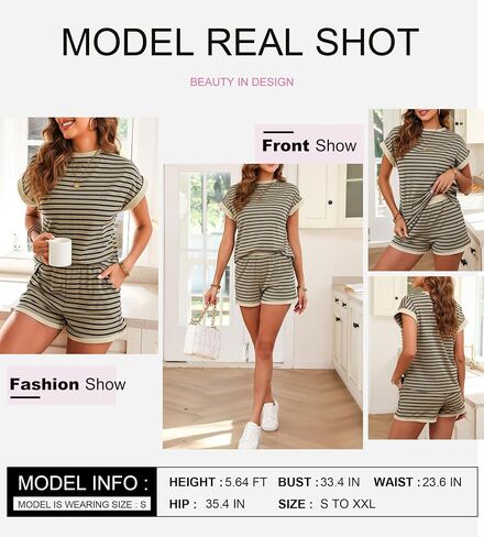 SHEWIN Womens 2 Piece Outfits Sweatsuit Casual Loose Striped Short Sleeve Tops Shorts Lounge Sets with Pockets in Saudi Arabia