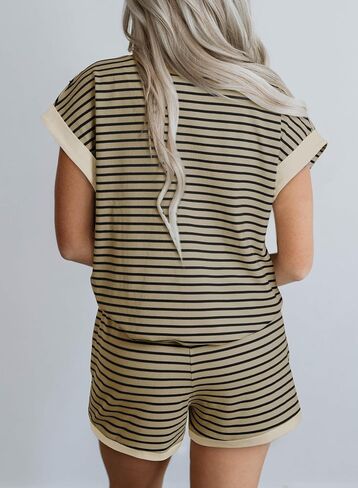 SHEWIN Womens 2 Piece Outfits Sweatsuit Casual Loose Striped Short Sleeve Tops Shorts Lounge Sets with Pockets in Saudi Arabia