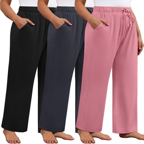 Neer 3 Pack Women's Plus Size Wide Leg Pants High Waisted Lounge Yoga Pants Baggy Drawstring Palazzo Sweatpants with Pockets in Saudi Arabia