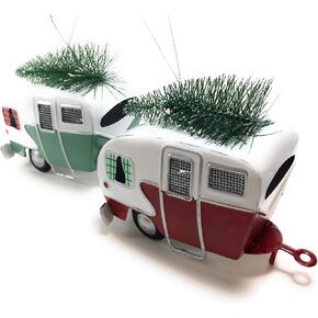 Kurt Adler Red and Green Campers Hauling Trees Tin Christmas Holiday Ornaments Set of 2