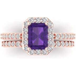 Clara Pucci 2.14 carat Emerald Round Cut Halo Solitaire Natural Amethyst Wedding Anniversary Bridal Ring band set 14k Rose Gold