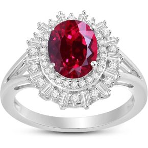 Jewelili Sterling Silver 9x7 MM Oval Created Ruby with Baguette and Round Created White Sapphire Engagement Ring