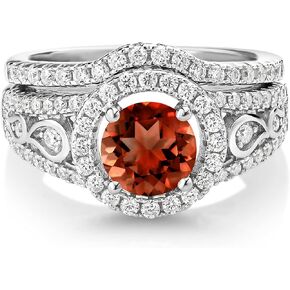 Gem Stone King 925 Sterling Silver Red Garnet and Moissanite Wedding Engagement Ring Band Bridal Set For Women (1.94 Cttw, Gemstone Birthstone, Available In Size 5, 6, 7, 8, 9)