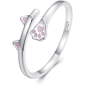 Adjustable Cat Ring Paw Print Open Rings Drip Painting Jewellery for Women, 925 Sterling Silver Pink Animal Motif Ring for Anniversary, Birthday, Valentine’s Day