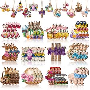 Patelai 36 Pcs Vintage Easter Ornaments for Tree Easter Retro Wooden Hanging Ornaments Cute Bunny Lamb Chick Egg Duck Classic Easter Decorations for Home Party Supplies