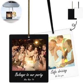 2 Pcs Personalized Hanging Car Picture Frame, Car Rear View Mirror Hanging Ornament with Any Photo and Text, Custom Printing Car Photo Frame Personalized Acrylic Car Decor, Black and White (Rectangle)
